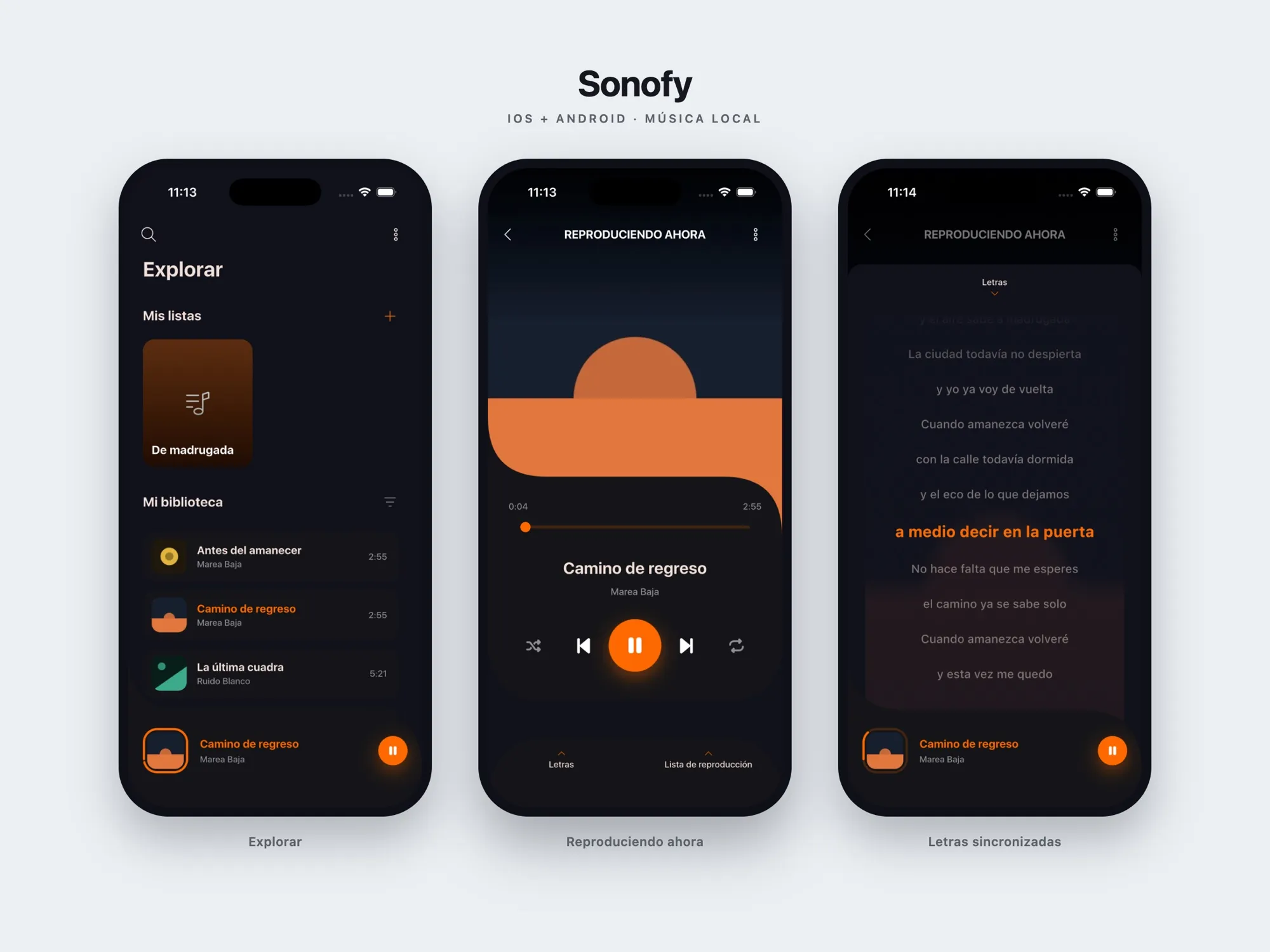 Tres pantallas de Sonofy en iPhone: la biblioteca, el reproductor y las letras sincronizadas con la línea en curso resaltada.
