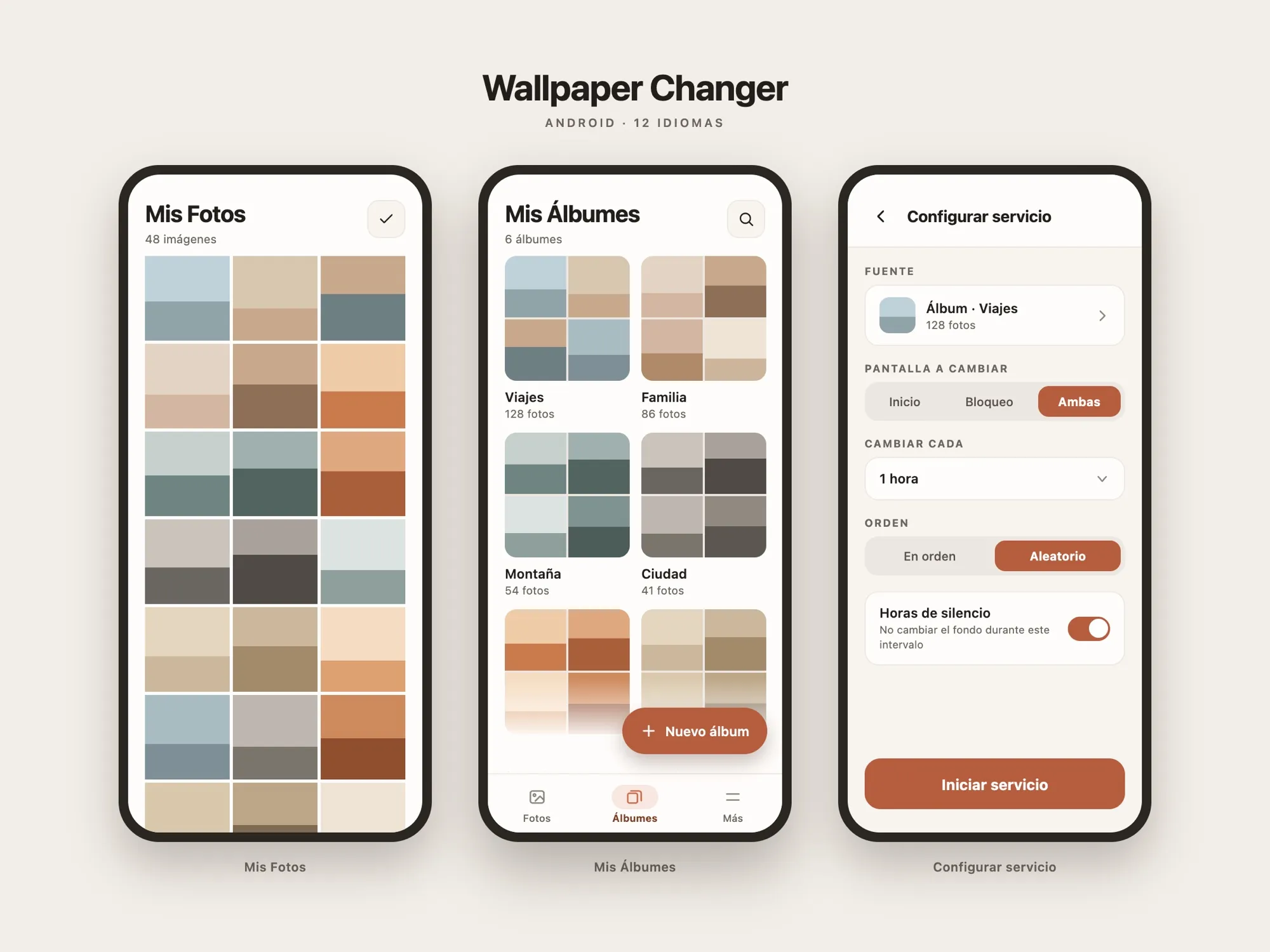 Tres pantallas de Wallpaper Changer en Android: la galería de fotos, la cuadrícula de álbumes y la configuración del servicio de rotación.