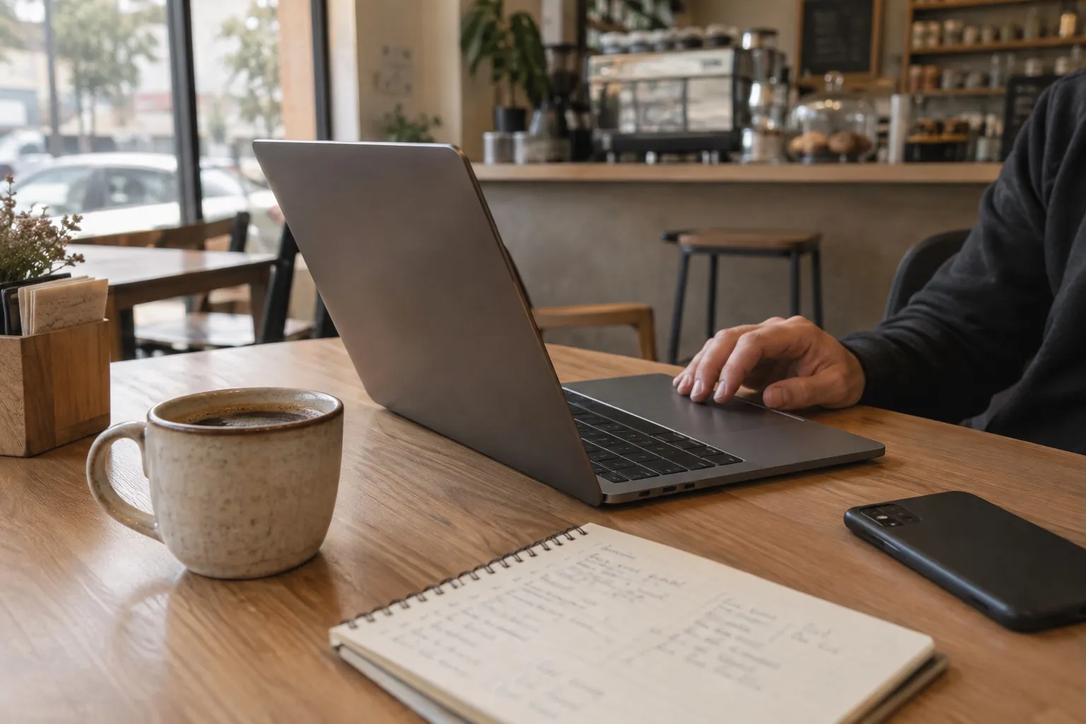 Mesa de cafetería con una laptop abierta, una taza de café y un cuaderno con notas a mano.