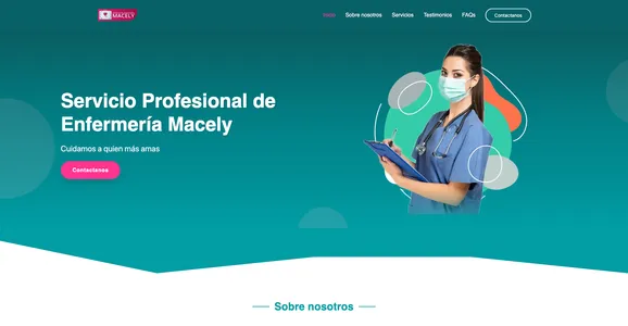 Portada del sitio de Enfermeras Macely, con el título «Servicio Profesional de Enfermería Macely» y el botón de contacto.