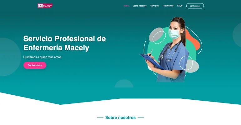 Portada del sitio de Enfermeras Macely, con el título «Servicio Profesional de Enfermería Macely» y el botón de contacto.