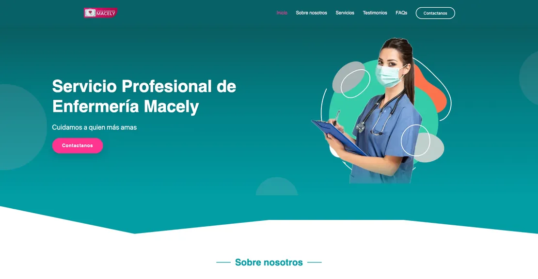 Portada del sitio de Enfermeras Macely, con el título «Servicio Profesional de Enfermería Macely» y el botón de contacto.