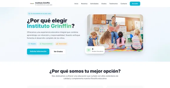 Portada del sitio del Instituto Grinffin, con el encabezado «¿Por qué elegir Instituto Grinffin?» y el acceso al sistema escolar.