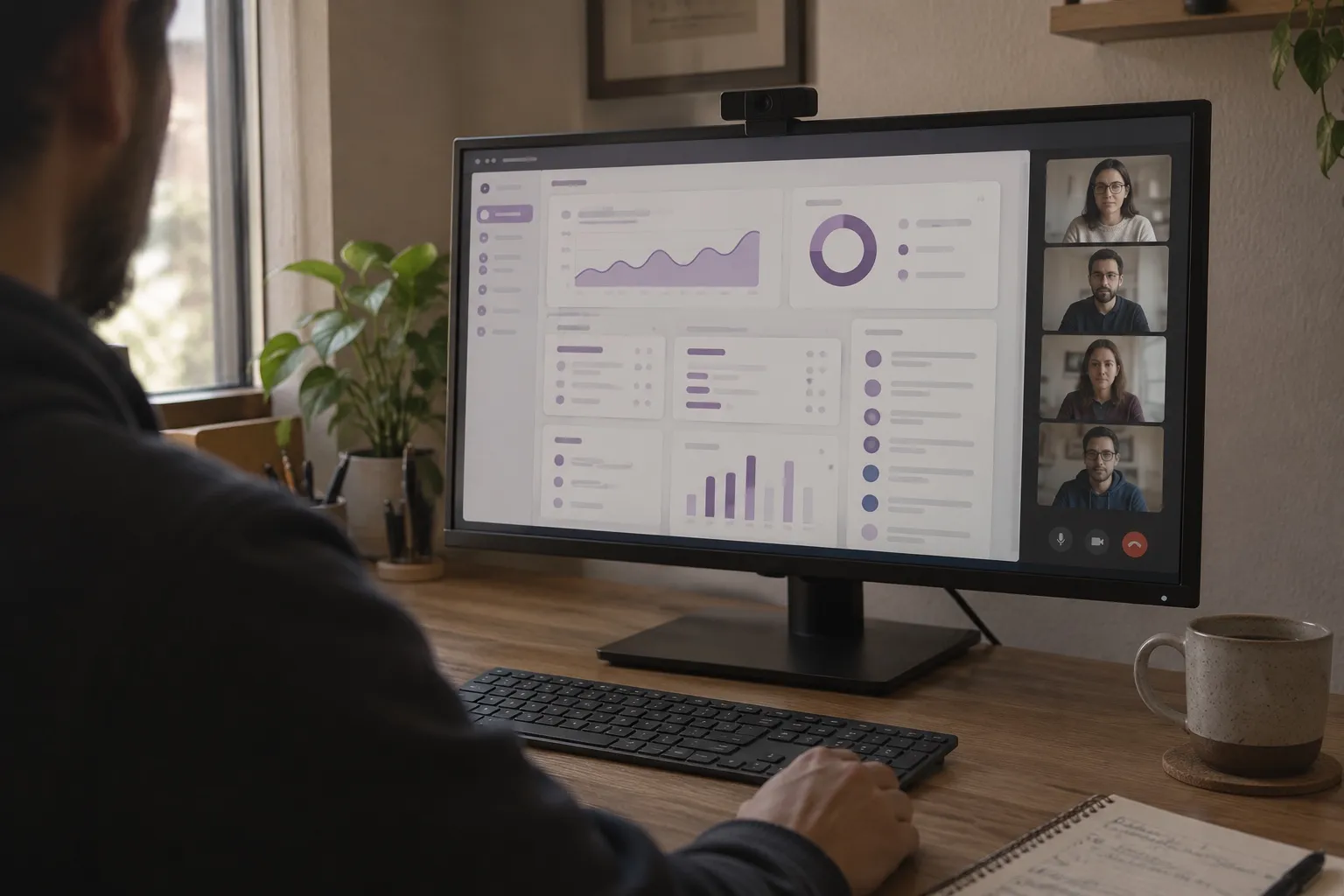 Persona de espaldas frente a un monitor con una videollamada de trabajo y un panel de datos compartido en pantalla.